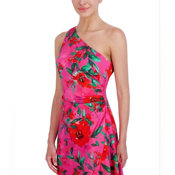Eliza J  Floral Satin Asymmetric-Hem Midi Dress - Picture 2 of 11